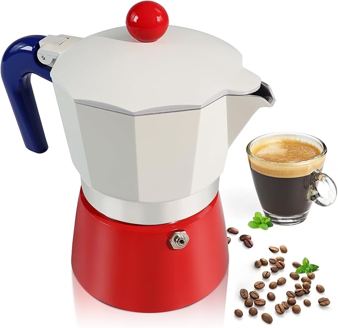 Aluminum 3 Cup 150ml Moka Pot Express Coffee Maker Stovetop Espresso Colorful Coffeemaker Italian Classic Style Brewing Greca Cafe Mocha Machine for Cafeteras Lover Camping Travel and Home Use 5oz