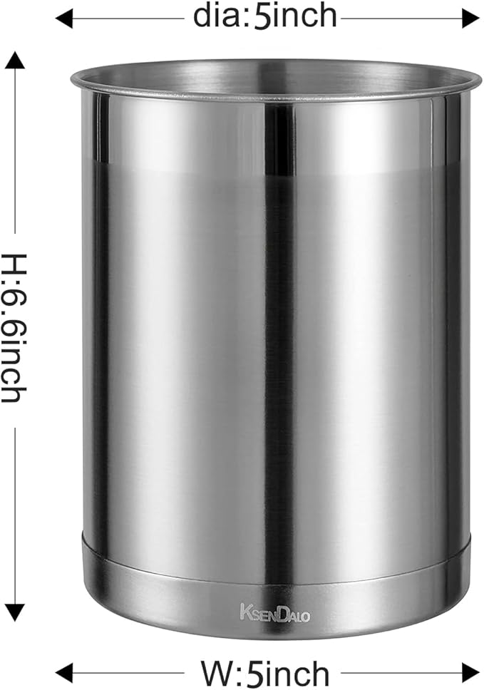 KSENDALO Stainless Steel Utensil Holder for Counter, Brushed Metal Utensil Crock Canister for Cooking Utensils on Countertop, with Heavy Base, Dishwasher Safe,Silver