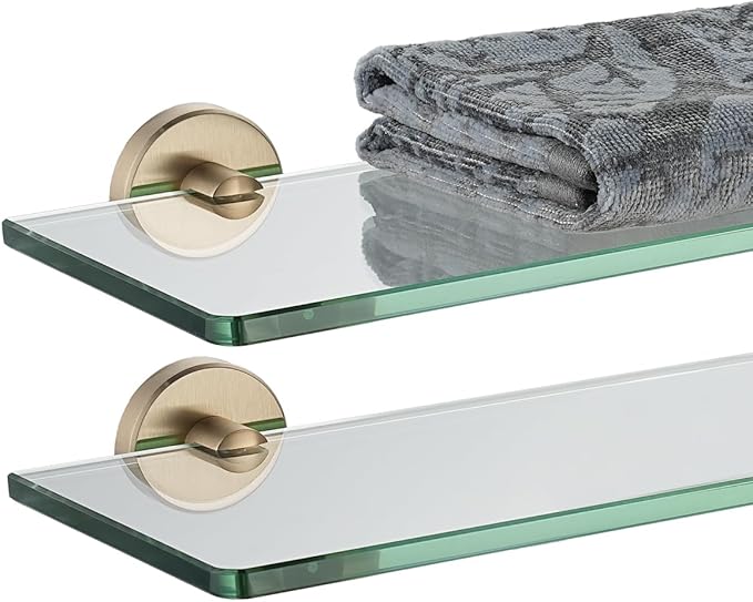 JQK Bathroom Glass Shelf, Tempered Glass Shower Storage 16 by 5 inches, 304 Stainless Steel Champagne Bronze Wall Mount 2 Pack, TGS101L16-CB-P2