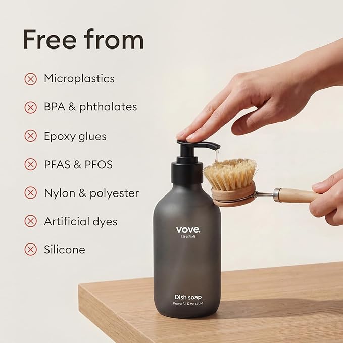 Vove Bamboo Dish Brush, FSC-Certified - Includes 3 Replacement Heads - Natural Fiber Bristles - Non-Toxic, Plastic-Free - Scrub Brush for Pots, Pans & Dishes
