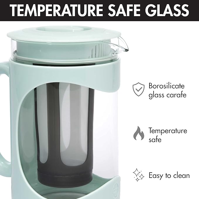 Primula Burke Deluxe Cold Brew Iced Coffee Maker, Comfort Grip Handle, Durable Glass Carafe, Removable Mesh Filter, Perfect 6 Cup Size, Dishwasher Safe, 1.6 qt, Aqua