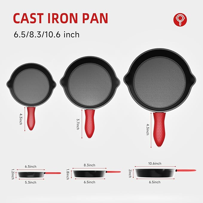 6/8/10 Inch Seasoned Skillet 3-Piece Set, for Frying, Saute, &More, for Oven, Stove, Grill, or Campfire, Black, with Silicone Handle Grip Covers