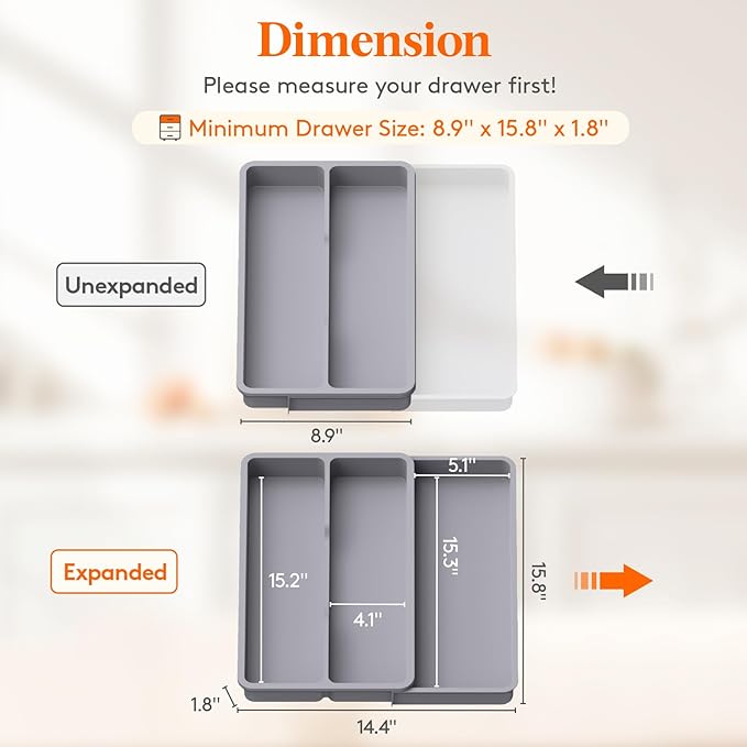 Lifewit Utensil Organizer for Kitchen Drawer, Expandable Cooking Silverware Tray, Adjustable Cutlery Flatware Holder, Plastic Spatula Tools Storage Divider, 14.4 x 15.8", Gray