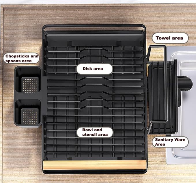LMingKun Dish Drying Rack- Space-Saving Dish Rack, Dish Racks for Kitchen Counter, Stainless Steel Kitchen Drying Rack with a Cutlery Holder,12''W x 16''L, Black