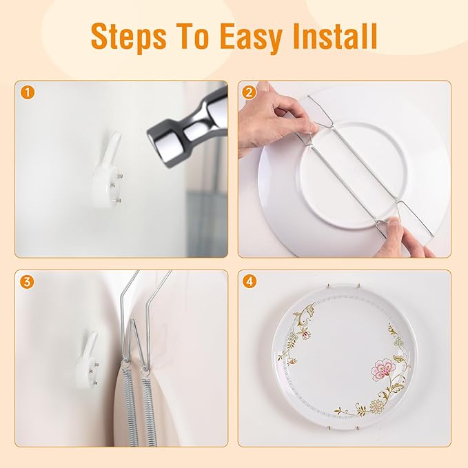 Plate Hangers for The Wall, Suitable for 6-8 inch Decorative Plate, Stainless Steel Wire Plate Holder with Wall Hooks and Rubber tip Protectors, Plate Hangers for Displaying Plates, Platter, Silver