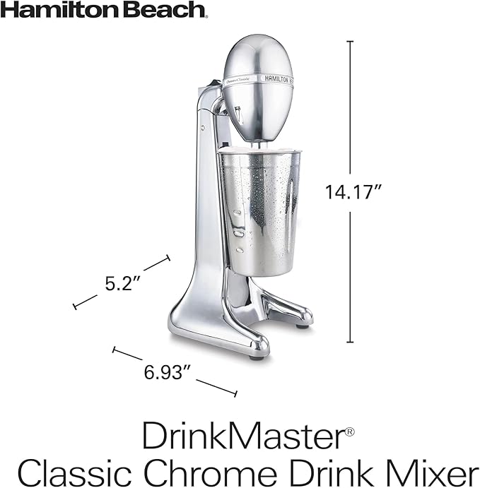 Hamilton Beach DrinkMaster Electric Drink Mixer, Retro Milkshake Maker & Milk Frother, 2 Speeds, Extra-Large 28 oz. Stainless Steel Cup, Classic Chrome