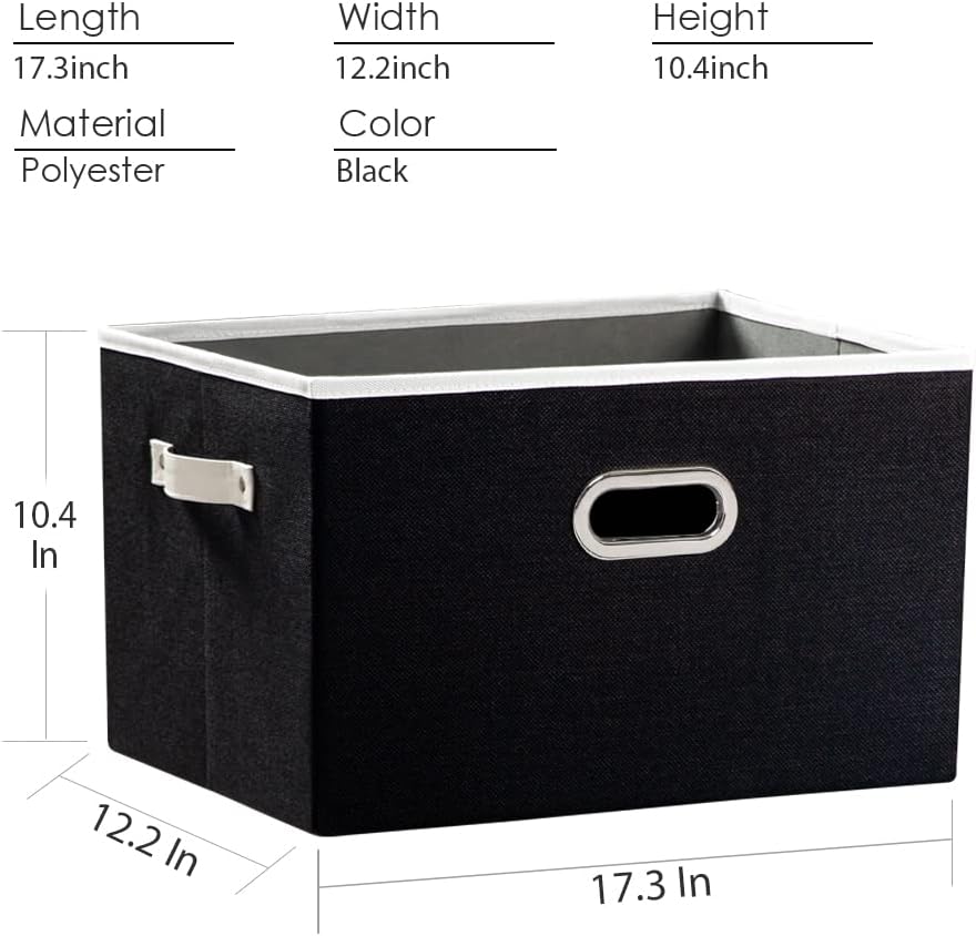 PRANDOM Larger Collapsible Storage Bins for Closet [5-Pack] Decorative Linen Fabric Storage Baskets Cubes with Leather/Metal Handles for Living Room Black (17.3x12.2x10.4 Inch)