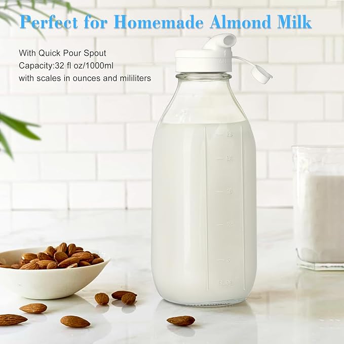 Liter Glass Milk Bottles w 100% Airtight Heavy Duty Screw Lid & 2 Dispenser- 6 Pack 32 Oz Drinking Jars - Food Grade Glass Bottles for Milk, Honey, Jam - Dishwasher Safe(Extra 2 Lids and Stickers)