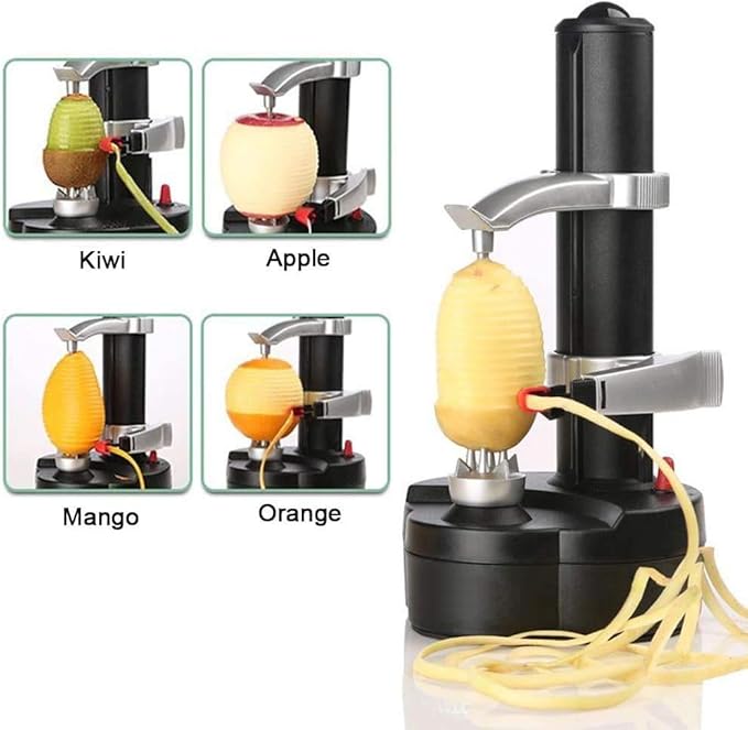 Electric Potato Peeler Automatic Apple Peeler, Smart Vegetable Fruit Peeler Machine, Stainless Steel Kitchen Peeling Tool [1 Adapter 2 Extra Blades] with Apple Slicer Corer (Black-R)