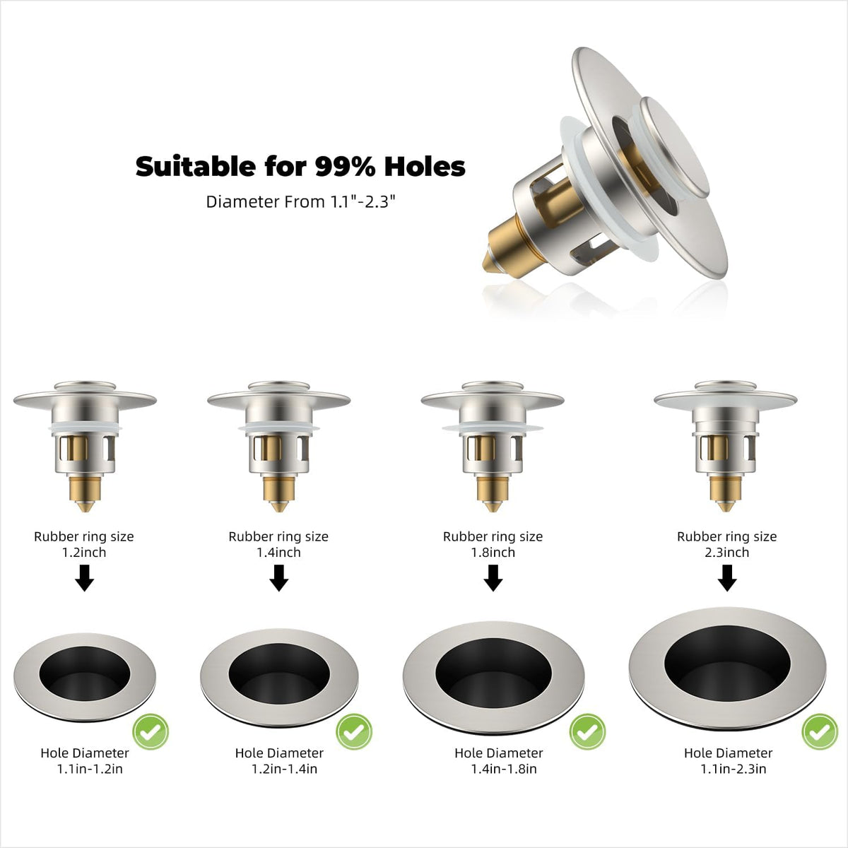 Hibbent 2 Pack All Metal Universal Bathroom Sink Stopper for 1.1''~2.3'' Basin, Pop Up Sink Drain Strainer, Brass Core Push Type Stopper, Stainless Steel Anti Clogging Drain Filter, Brushed Nickel