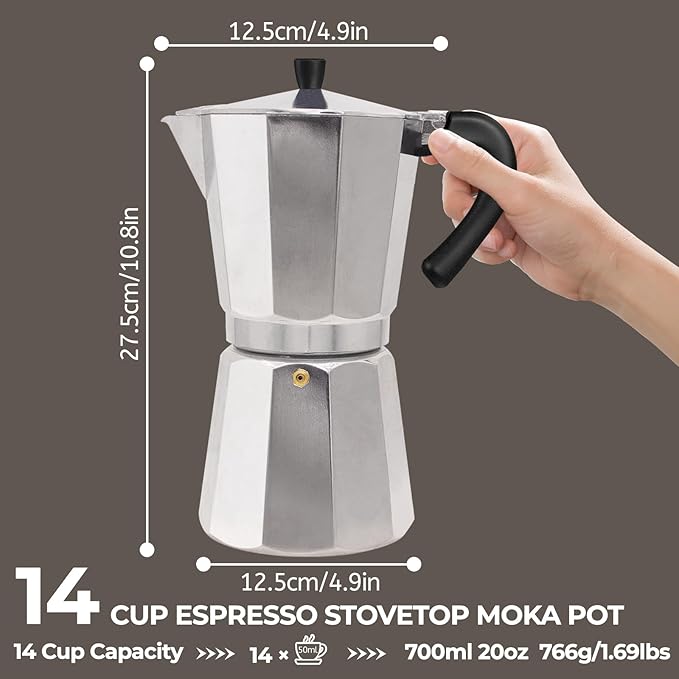 Aluminum 14 Cup 700ml Moka Pot Express Coffee Maker Stovetop Espresso Percolator Coffeemaker Italian Classic Style Brewing Greca Cafe Mocha Machine for Cafeteras Lover Camping Travel and Home Use 24oz