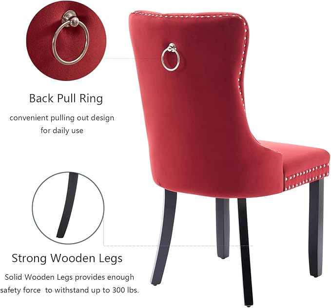 Velvet Dining Chairs Set of 4, Upholstered Dining Room Chairs with Back Ring Pull Trim and Solid Wood Legs,Tufted Wingback Kitchen Chairs for Dining Room,Kitchen(Wine Red)