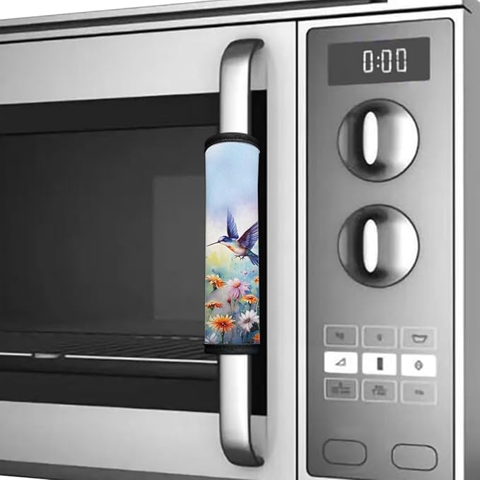 Refrigerator Door Handle Covers Set of 6, Antiskid for Fridge Oven Dishwasher Keep Kitchen Appliance Clean from Smudges, Food Stains for Home Decoration, Hummingbird Daisy Blue