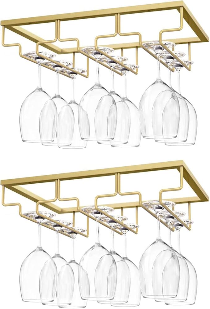 Nuovoware Wine Glass Rack, [2-Pack] Wine Glass Hanger Rack Under Cabinet Stemware Holder Storage Hanger for Bar Kitchen Cabinet (3 Rows) - Gold