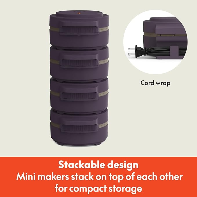bella Snack-n-Store Mini Waffle Maker, EverGood™ Ceramic Nonstick Coating, Cord Wrap, Ready Indicator Light & Cool Touch Handles, Stackable Design & Customizable Plates, 350 Watt, Plum