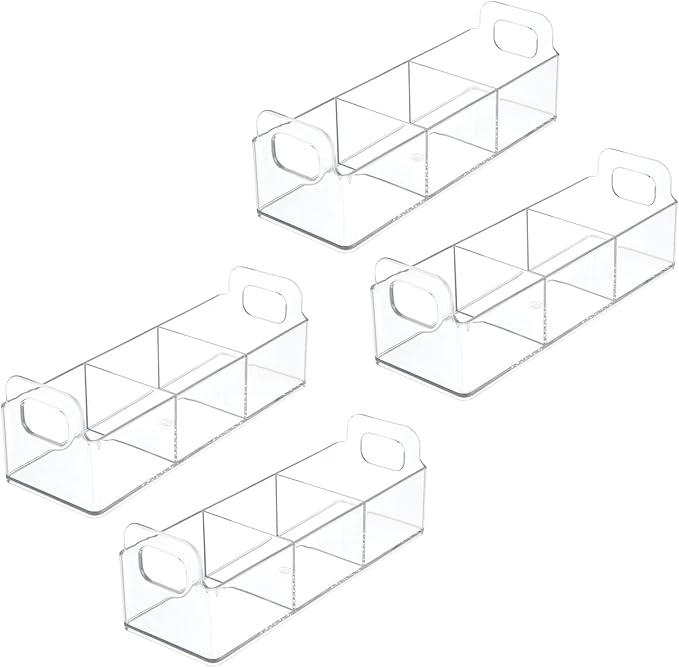 mDesign Plastic Condiment Organizer and Tea Bag Holder - 9" Long Kitchen Pantry/Countertop Storage Caddy - Divided Chip, Snack, Granola, Oatmeal Packet Holder - Lumiere Collection - 4 Pack - Clear