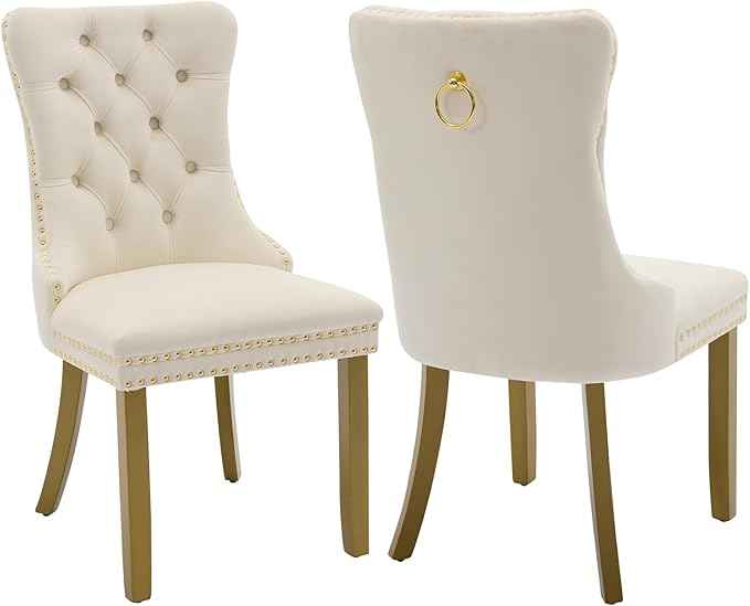 Velvet Dining Chairs Set of 2, Kitchen & Dining Room Chairs, Upholstered Dining Chairs with Back Ring Pull and Golden Solid Wood Legs, Modern Tufted Kitchen Chairs for Dining Room, Cream