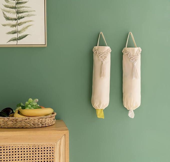 Mkono 2 Pack Macrame Plastic Bag Holder Grocery Organizer Shopping Trash Bag Dispenser Camper Boho Decor Storage for Kitchen Closet Pantry Laundry Room, Ivory, 6.3”W x 15.7”L