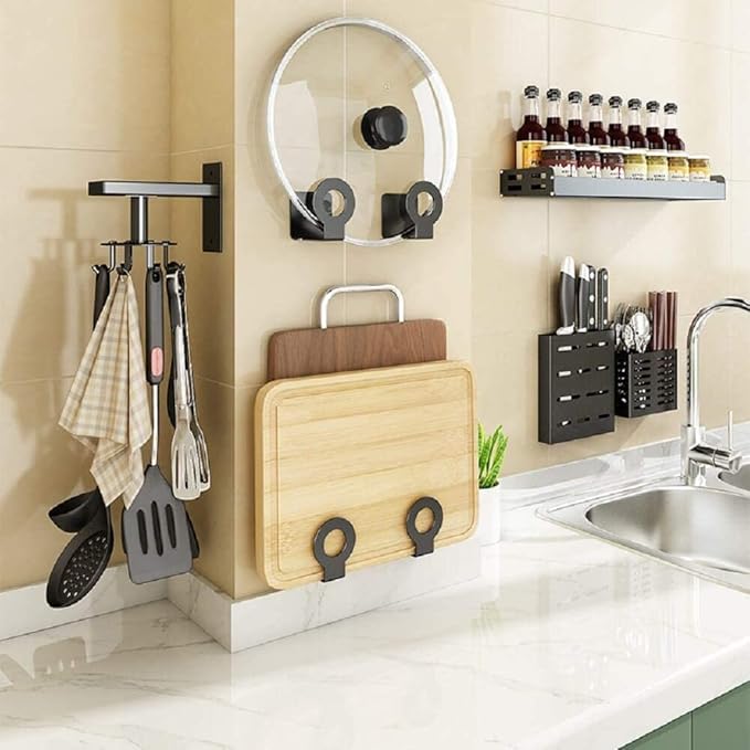 Kitchen Cooking Tool Utensil Holder - iNenya Kitchen Spatula Holder Spoon Organizer Hanging for Wall , Black Rotating Utensil Rack With 6 Hooks for Hanging Spoons,Pot Pan (Black-1)