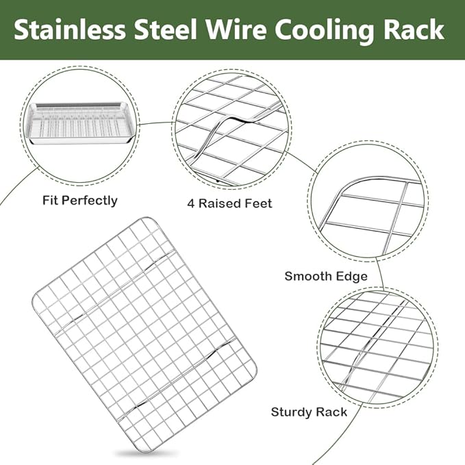 ROTTAY Small Baking Sheet Pan with Wire Rack Set [2 Pans + 2 Racks], 1/8 Stainless Steel Cookie Sheets for Oven, Warp Resistant & Heavy Duty & Rust Free, Size 9 x 7 x 1 Inches