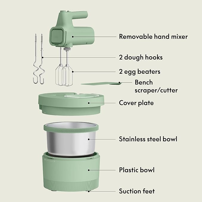 bella 3.5 Qt Hand & Stand Mixer, 2 in 1 Electric Mixer with Bowl, Dough Hook, Whisk & Egg Beater, Multifunctional Handheld Mixer for Baking, 200 Watt, Seaglass