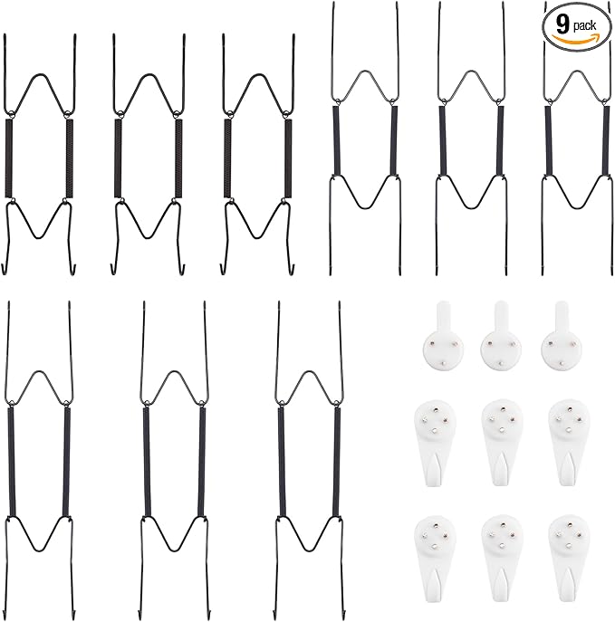 Bilillo 9-Piece Stainless Steel Wall Plate Hangers, 6/8/10 Inch Invisible Decorative Wire Plate Holders with 9 Pieces Wall Hooks for 6 to 11 Inch (Black)