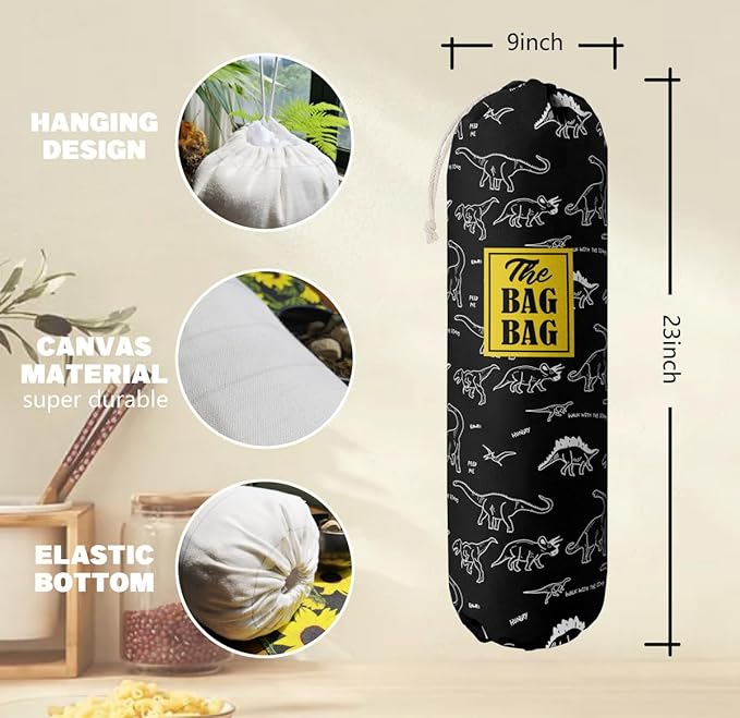 HiLus Dinosaur Pattern Grocery Bags Holder, Wall Mount Plastic Bags Storage Container Dispenser, Kitchen Organizer (H-18)