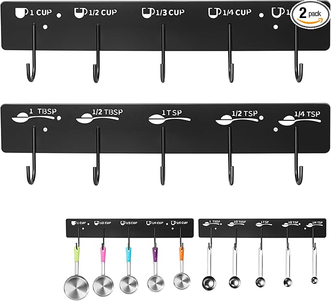 2 Pack Measuring Cups and Spoons Hanging Rack, Black Hanging Cups and Spoons Rack, Space Saving Kitchen Utensil Holder, Including Screw and Adhesive Mounting