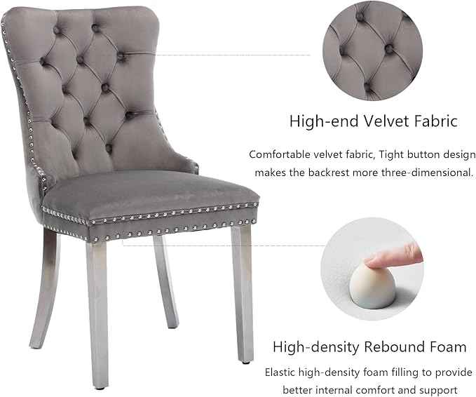 Dining Room Chairs Set of 4, Velvet Upholstered Dining Chairs with Back Ring Pull Trim and Sliver Stainless Steel Legs,Modern Dining Chair Perfect for Dining Room,Kitchen(Grey)