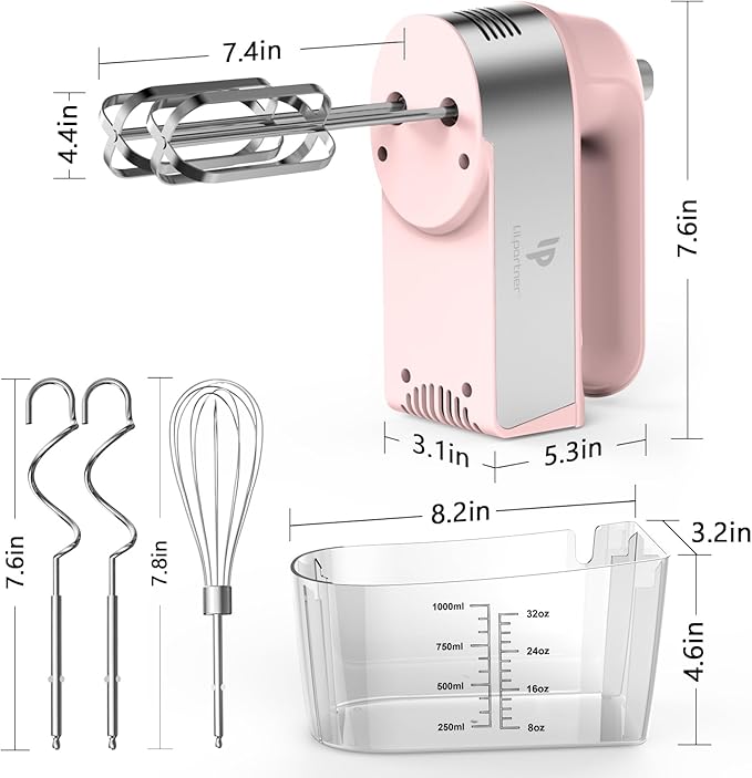 Hand Mixer Electric, 450W Kitchen Mixers with Scale Cup Storage Case, Turbo Boost/Self-Control Speed + 5 Speed + Eject Button + 5 Stainless Steel Accessories, For Easy Whipping Dough, Cream, Pink