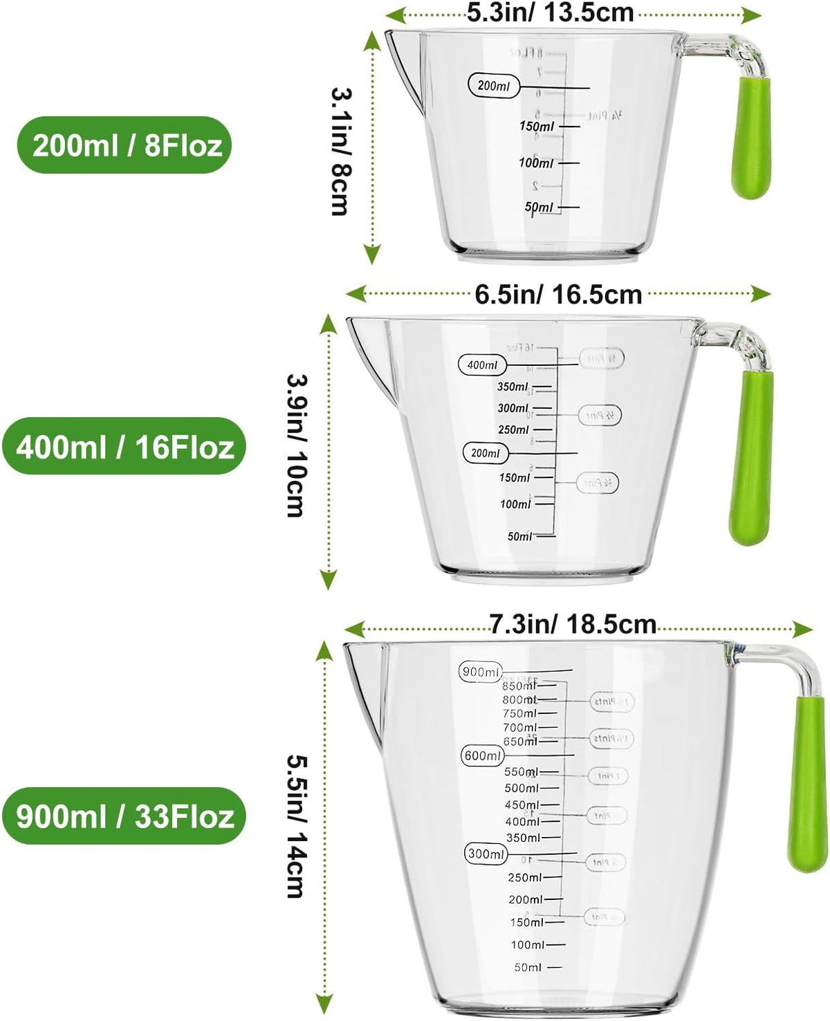 Plastic Measuring Cups Set, 3Pcs BPA Free Stackable Clear Measuring Cup with Spout and Angled Grip Handle, Includes 1 Pint, Oz, ML Measurement for Kitchen Cooking