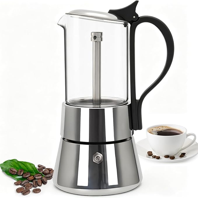 6 Cup Glass Transparent Moka Pot Stainless Steel Uncoated Stovetop Espresso Maker Italian Coffee Makers Mocha Greca Machine Cafe Classic Induction Cookers for Home Camping 350ml