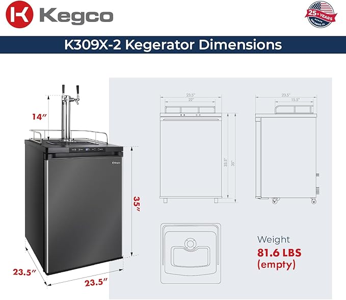 Kegco K309X-2 Keg Dispenser, 2 Faucet, Black Stainless Steel