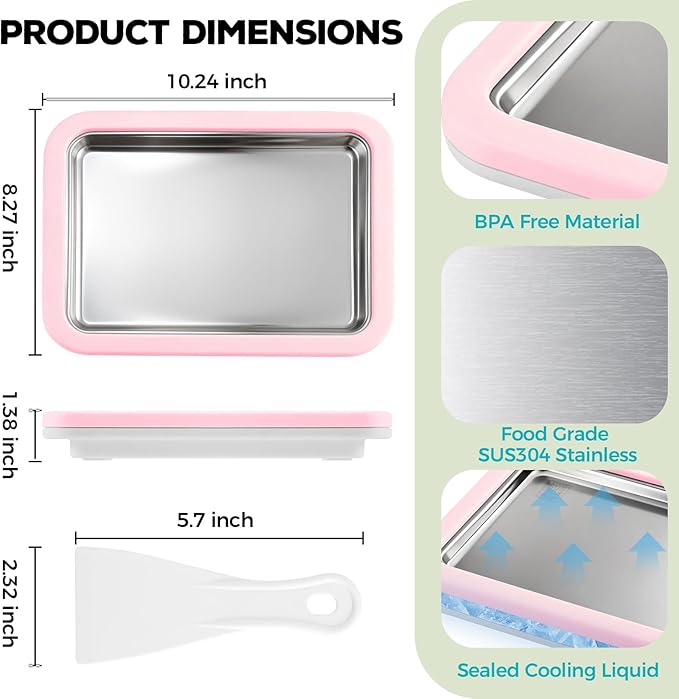 Rolled Ice Cream Maker with Quick Start Guide - DIY Instant Ice Cream Tray Kit, Includes 2 Scrapers for Manual Homemade Ice Cream Rolls, Frozen Yogurt, Sorbets & Slushies, No Electricity Needed（pink）