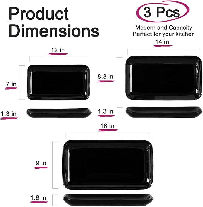 DELLING Large Serving Platter Set of 3, 16/14/12 Inch Porcelain Serving Trays for Party - Black Ceramic Rectangular Platters for Entertaining,Platter for Thanksgiving Christmas, Dishwasher Oven Safe