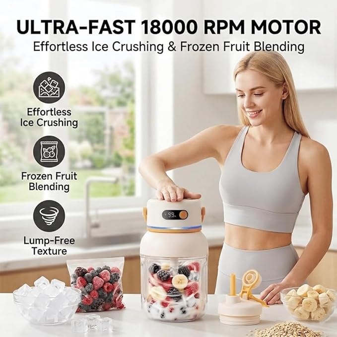Portable Electric Juicer Cup with Zero Cord Hassle, 800-1200ML Personal Rechargeable Blender Portable for Shakes and Smoothies, with 36 Stainless Steel Blades, Straw and Two Lids (1200ML/42.33OZ)