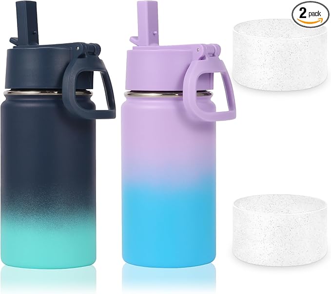 Volhoply 14oz KIds Water Bottle with Straw Lid and Silicone Boot Bulk 2 Pack,Stainless Steel Insulated Cups for Boys & Girls Multipack,Double Wall Vacuum Leakproof Bottles(Assorted,2)