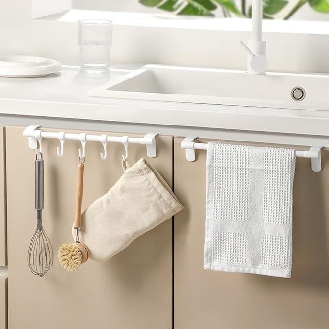 TOYANDONA No-Drill Under Cabinet Plastic Utensil Hooks 5-Row Kitchen Hanging Rack for Cookware and Spoon Storage, White Multi-Purpose Organizer for Kitchenware and Sundries