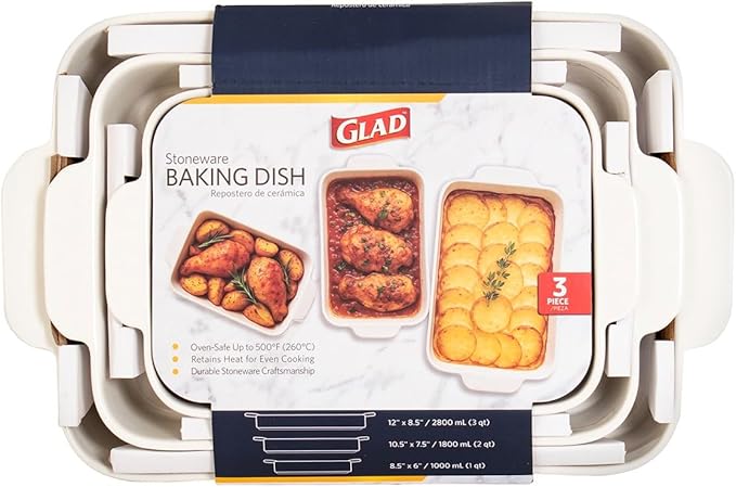 Glad Baking Dish Set, 3pc - Rectangular Stoneware Casserole Dishes for Oven and Microwave - Nesting Bakeware Set with Handles (12'', 10.5'', and 8.5''), Dishwasher Safe