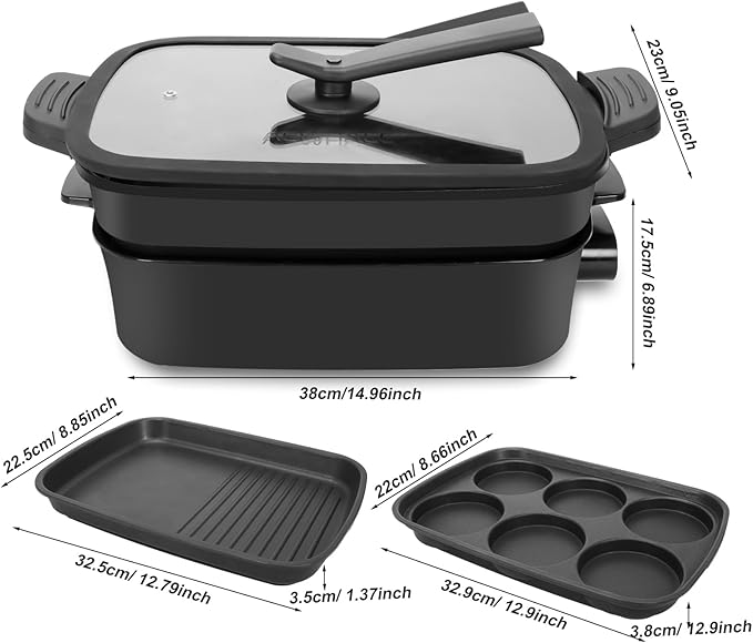 AEWHALE 3-in-1 Multifunctional Electric Grill,Electric Skillet Nonstick with Lids 1400W Party Griddle for Cooking Meats &Pancake