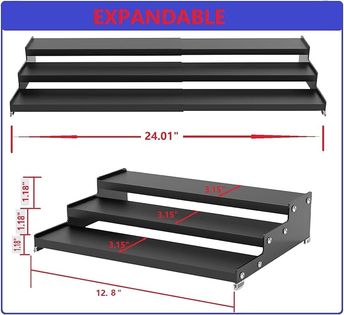 Jojocross Spice Rack Organizer for Cabinet, 3 Tier Expandable Spices Storage, Great for Kitchen Cabinets, Cupboard,Pantry and Countertop More 1 Pack/Black