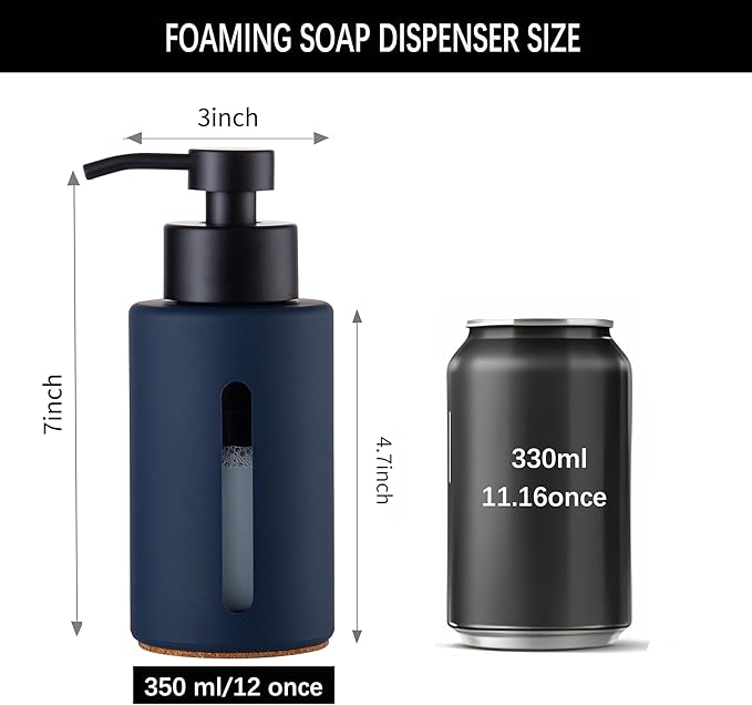Enra Thick Glass Foaming Soap Dispenser with Clear Window,12oz Blue Bathroom Soap Dispenser with Stainless Steel Pump, Modern Boho Refillable Pump Bottle for Bathroom Kitchen (Foam-Blue)