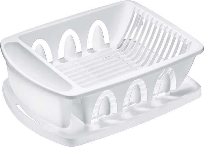 Tribello Sink Dish Drying Rack, Large Heavy Duty Hard Plastic Sink Set with Drainer (White) - Made in USA