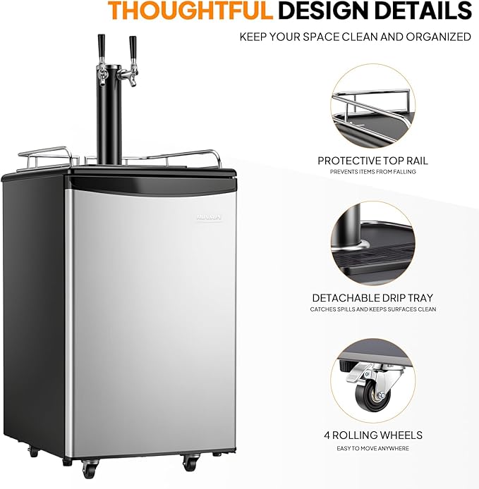 ROVSUN BF-152 Full Size 5.4 Cu.Ft, Beer Kegerator with CO2 Tank Included, Draft Beer Dispenser for Home Bar, 152L Beverage Refrigerator Direct Cool, Metal Cabinet, Dual Tap, Silver