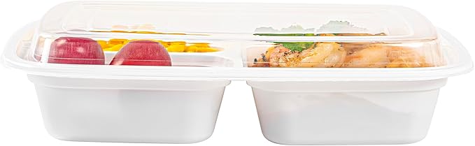 Asporto 26 Ounce Compartment Take Out Boxes, 50 Microwavable Meal Prep Containers - 3 Compartments, With Clear Plastic Lids, White Plastic Food Containers, Do Not Contain BPA - Restaurantware