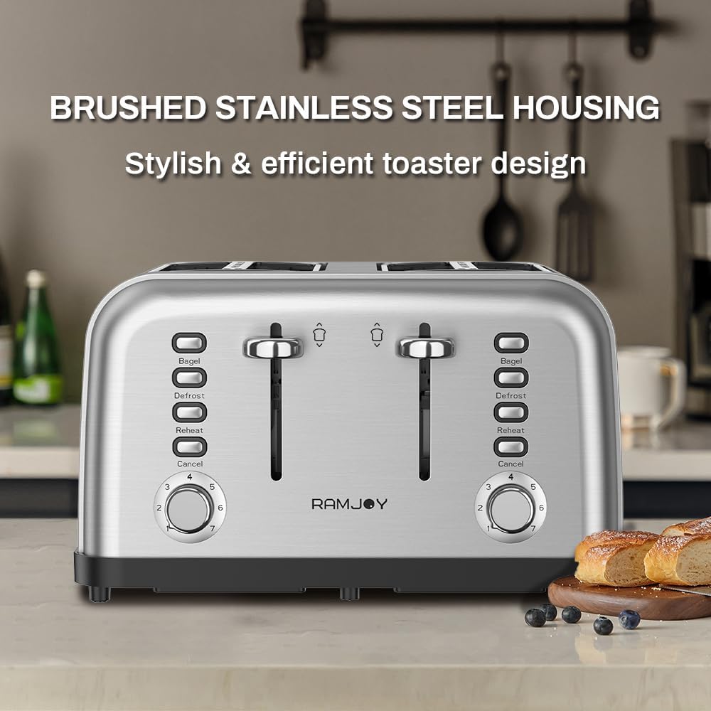 Toaster 4 Slice, Dual Independent Controls, Extra Wide Slot Toasters for Bagel, Bread, Waffles, 7 Shade Settings, 4 Main Functions, Removable Crumb Tray, 1500 Watts, Brushed Stainless Steel