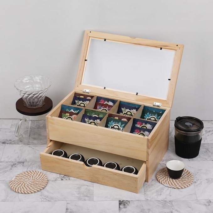 Tea Bag organizer Storage Box with Drawer Tea Organizers with Clear Acrylic Window Wooden Tea Box for Countertop with 8 Compartments Teabag Holder with 4 Cotton Woven Coasters（WWood02）