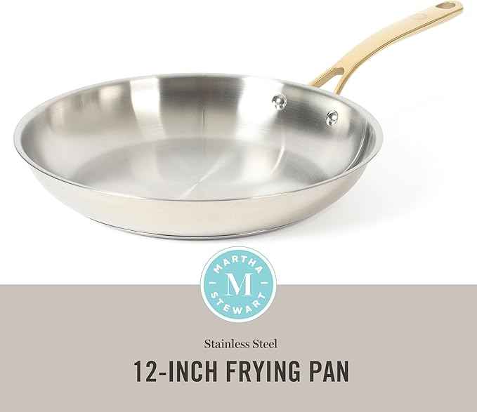 Martha Stewart Castelle 12-Inch Stainless Steel Frying Pan with Gold-Tone Handle – Tri-Ply Encapsulated Bottom, Oven Safe & Induction Safe Skillet for Searing and Sautéing