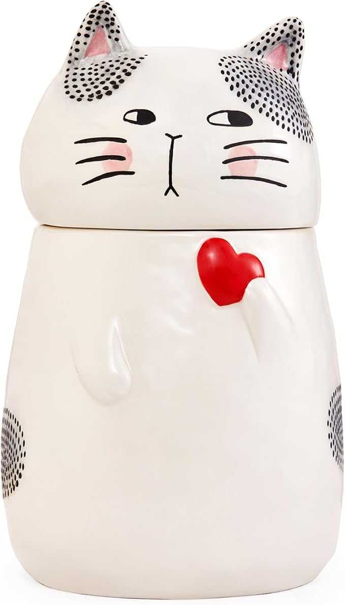 Bico Cartoon Cat Handpainted Stoneware Air Tight White 10.2 inch Cookie Jar, Dishwasher Safe, for storing Cookie, Candy, Coffee