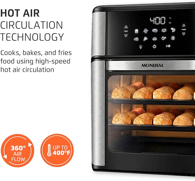 Air Fryer Oven 1800W, 12.7QT Capacity, Touchscreen Panel, Automatic Shut-Off, Toaster + Airfryer – Black & Stainless Steel – Mondial